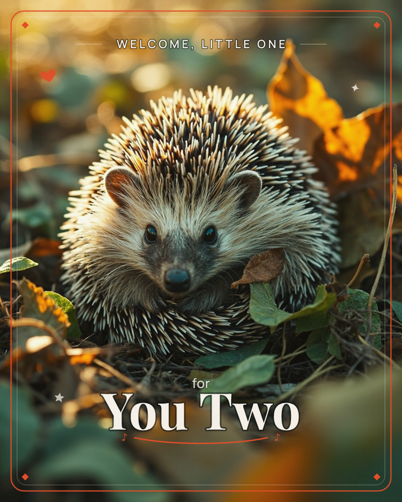A hedgehog sits low among fallen autumn leaves, its spines catching warm golden light from one side while the background fades into soft brown shadow, a new baby e-card design