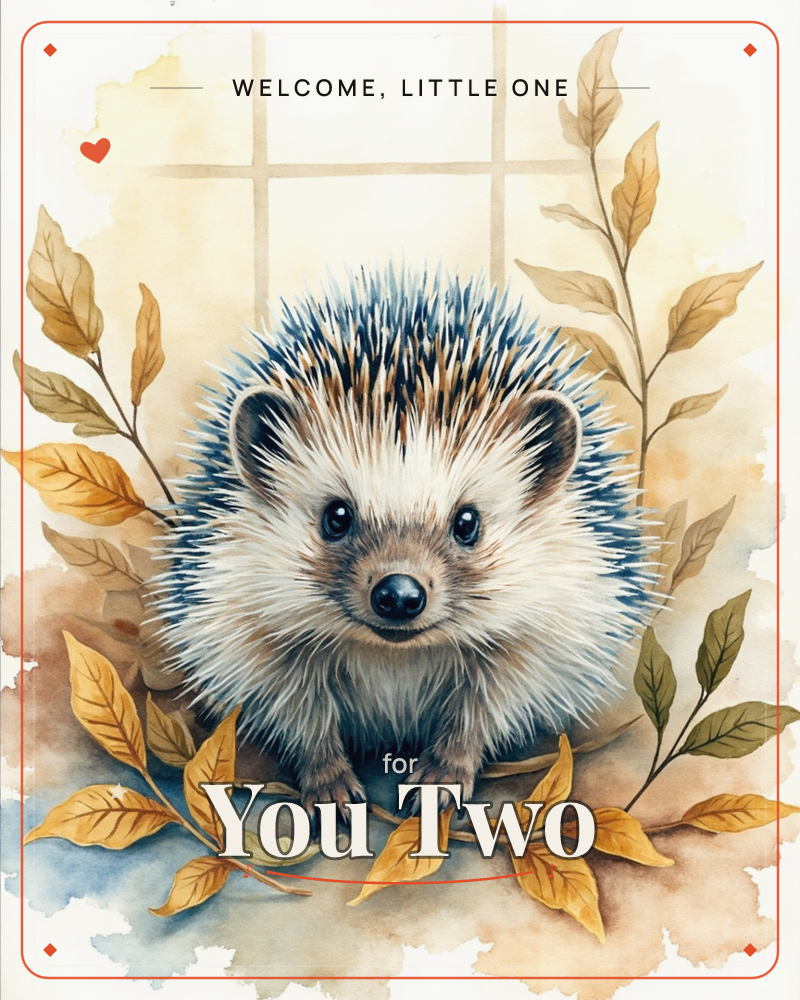 A watercolour hedgehog sits front and centre, its spines washed in navy and amber, surrounded by golden autumn leaves and slender branches against a…, a new baby e-card design