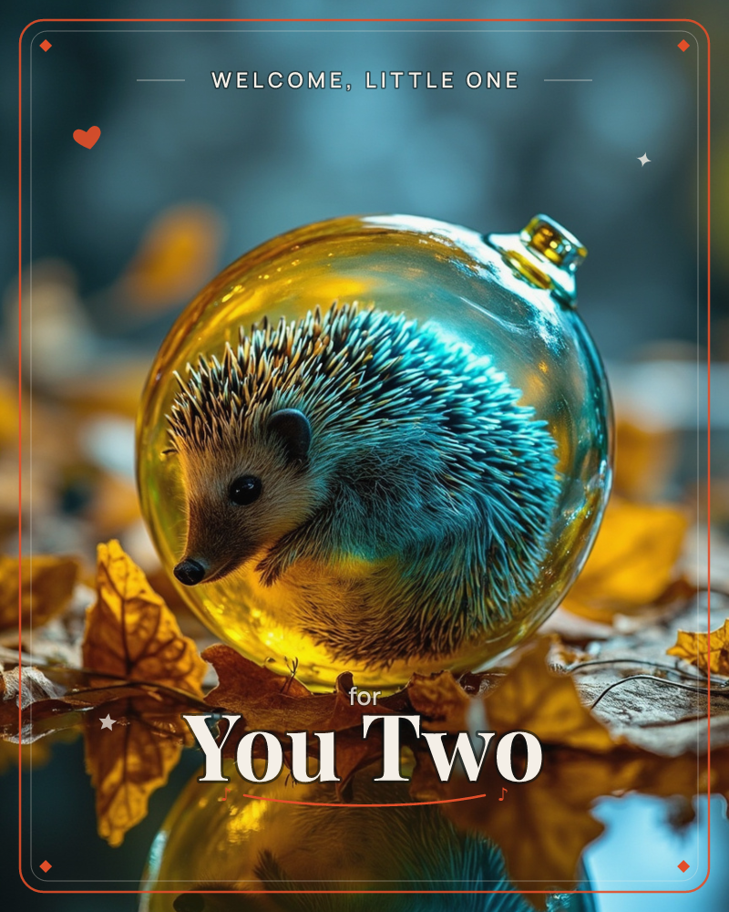 A small hedgehog appears curled inside a glass ornament, its spines catching a golden inner glow against a cool blue backdrop, a new baby e-card design