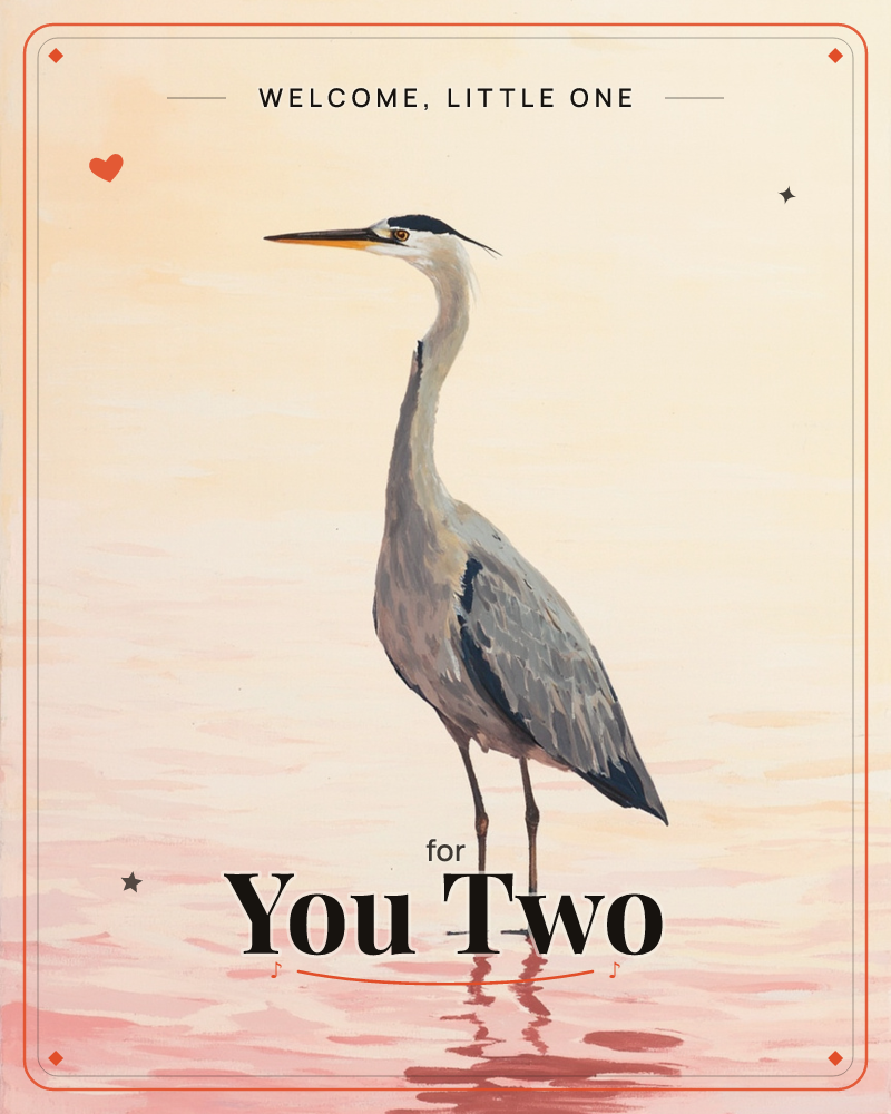 A grey heron stands motionless in shallow water, its long neck and dagger-like beak held in profile against a soft peach and cream sky, a new baby e-card design