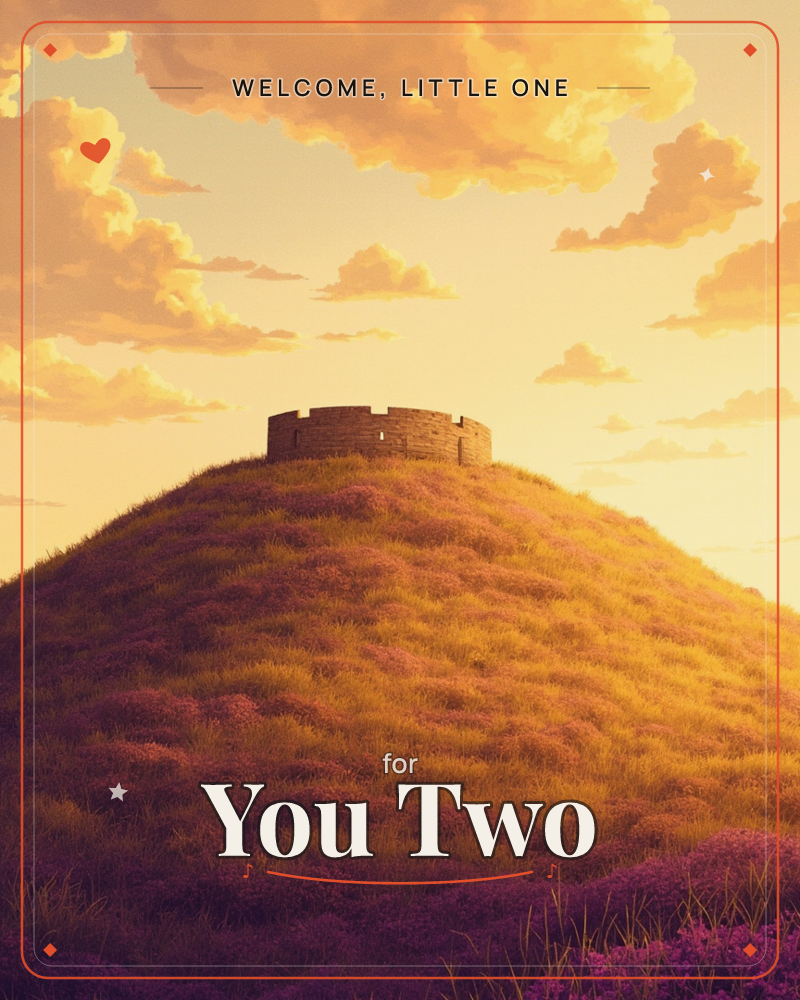 A round, grassy hill rises to a small stone ruin with battlements at its crown, glowing under a wide golden sunset sky full of soft clouds, a new baby e-card design