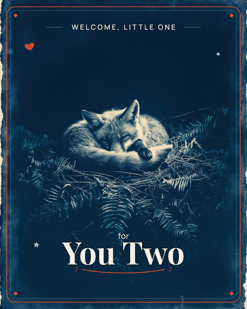 A fox curls into a tight sleeping ball, nose tucked under its tail, nestled in a woven bed of ferns and bare twigs, a new baby e-card design