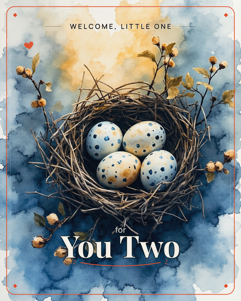 A twiggy nest cradles four speckled blue eggs, painted in soft watercolour against a moody indigo sky washed with a glow of gold, a new baby e-card design