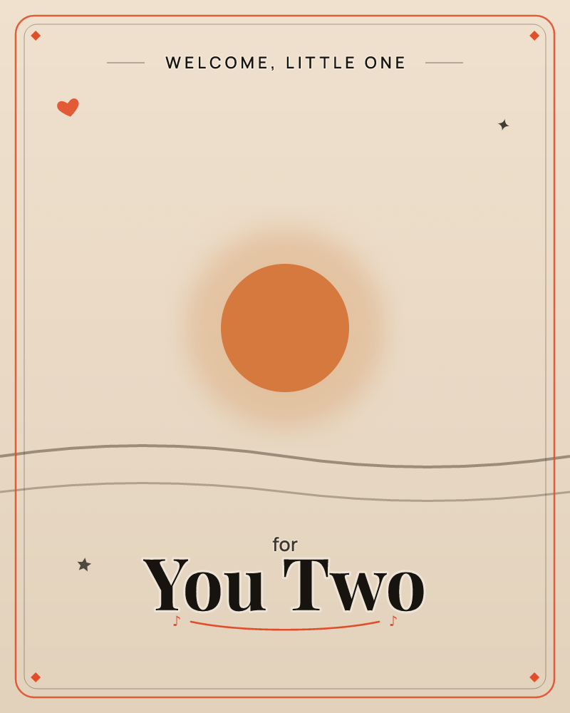 A minimalist sunrise glows over a single wavy horizon line, the burnt-orange sun haloed in soft peach light against a warm, muted beige sky, a new baby e-card design by @DittyCityTeam