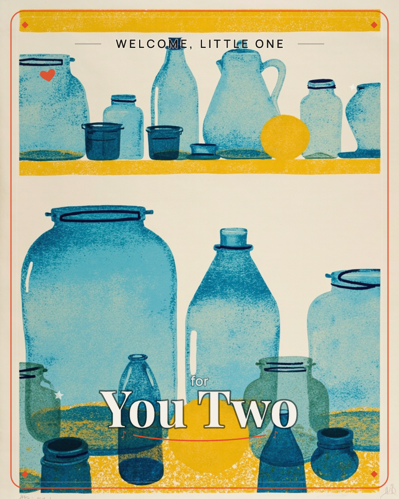 A screen-printed still life of blue glass jars, bottles, and jugs arranged on two shelves against a cream background, with bold mustard-yellow bands…, a new baby e-card design