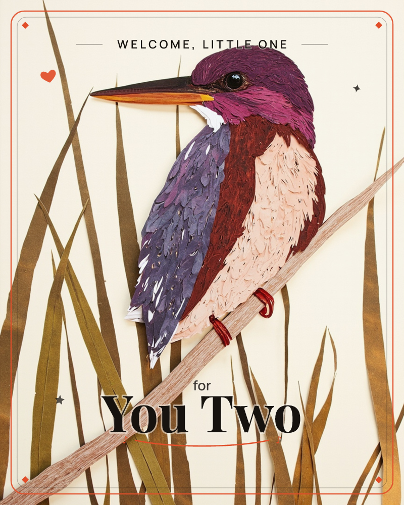 A kingfisher perched on a slanted branch is built entirely from layered quilled paper strips, its violet head, rust-red breast and slate-blue wings…, a new baby e-card design