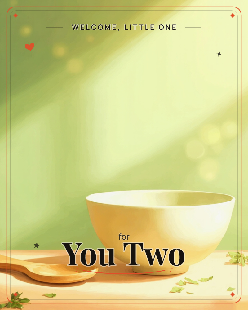 A pale yellow ceramic bowl sits empty on a warm wooden counter beside a wooden spoon, scattered herb leaves nearby, a new baby e-card design