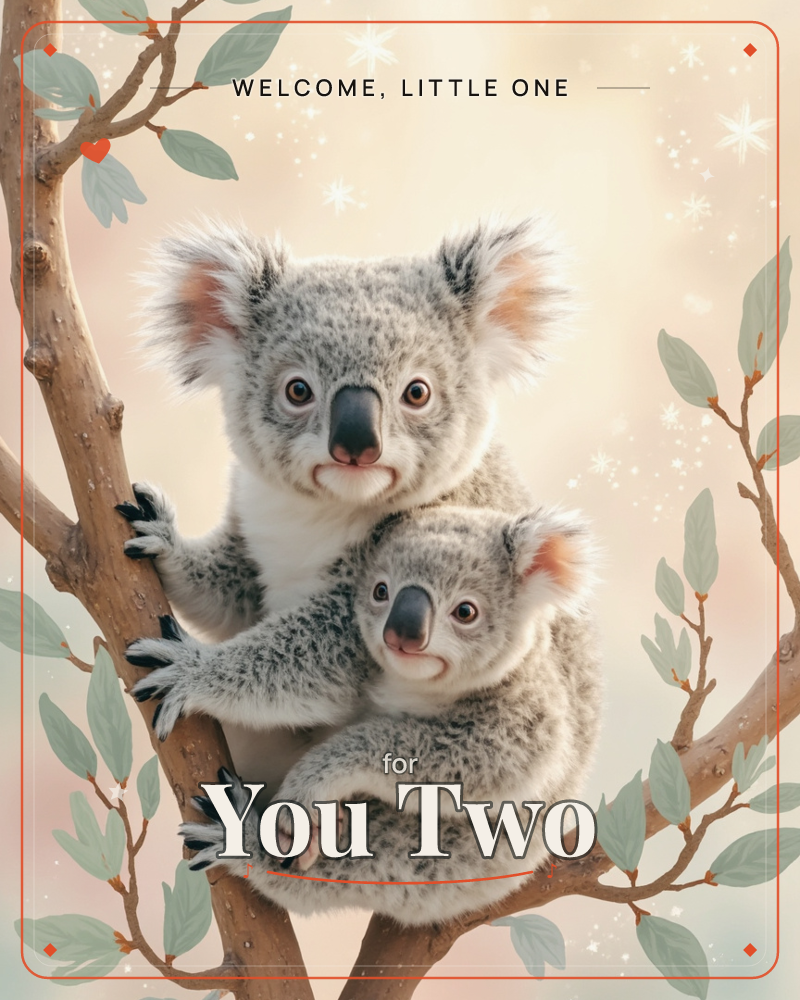 Two fluffy koalas cling together on a eucalyptus branch, the larger one wrapping a protective arm around the smaller as both gaze straight out with…, a new baby e-card design