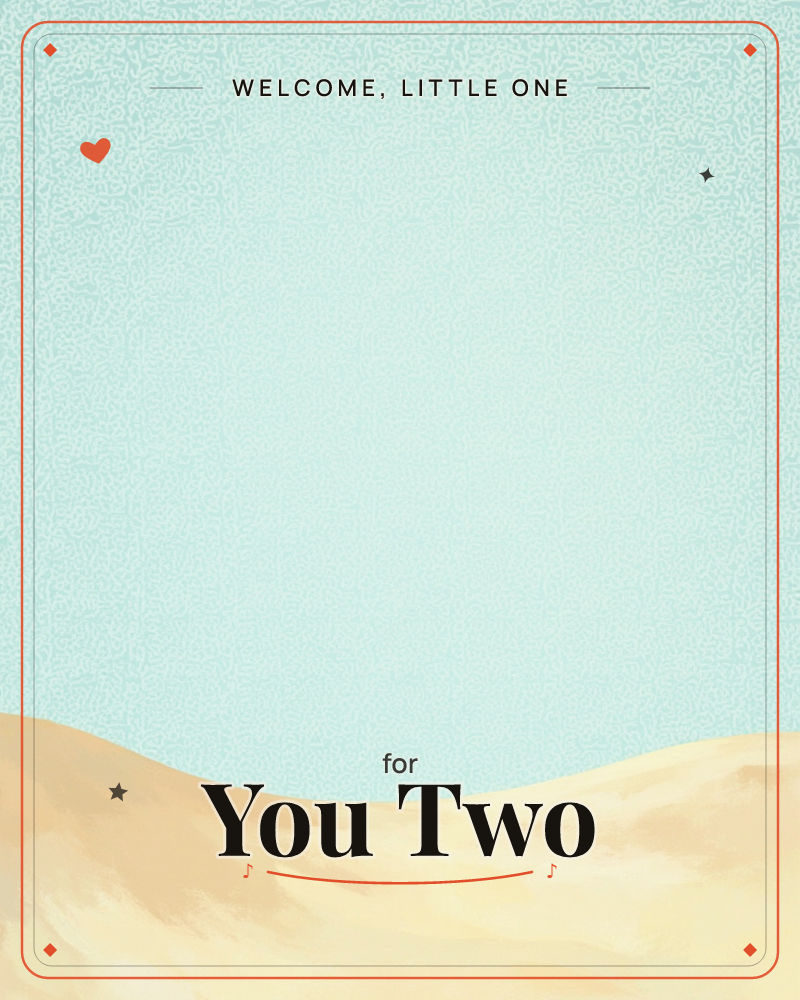A soft sand dune curves across the bottom of the card beneath a pale mint-green sky covered in a fine textured pattern, a new baby e-card design