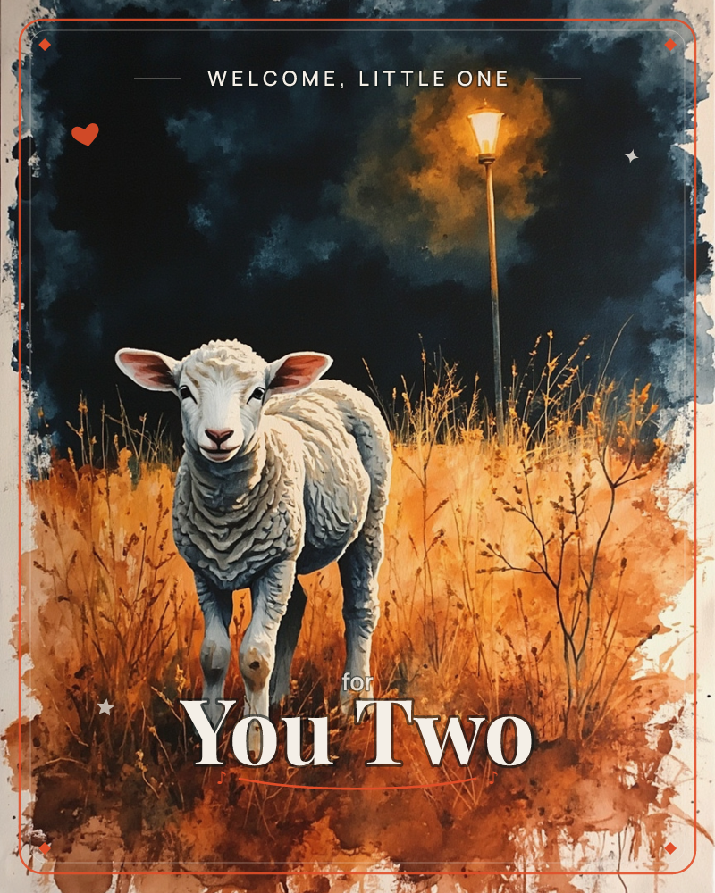 A woolly white lamb stands alone in a field of amber grasses, lit by a single glowing streetlamp against a deep indigo night sky, a new baby e-card design