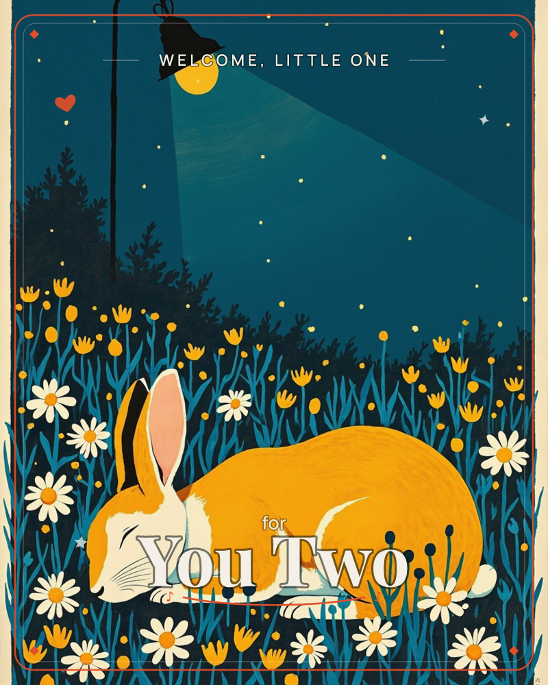 A golden rabbit curls up asleep in a nighttime meadow of daisies and small orange blossoms, lit by a single lamppost casting a soft yellow glow beneath…, a new baby e-card design