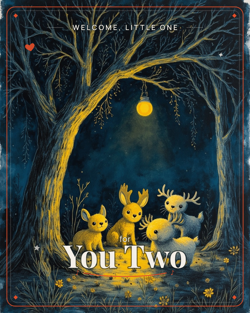 A cluster of four small antlered creatures, part rabbit, part deer, gathers beneath two arching bare trees in a midnight forest, a new baby e-card design