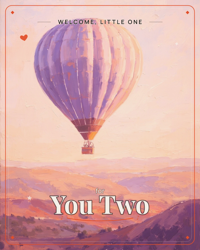 A striped lavender hot air balloon drifts high above a rolling range of hazy hills at dawn or dusk, a new baby e-card design