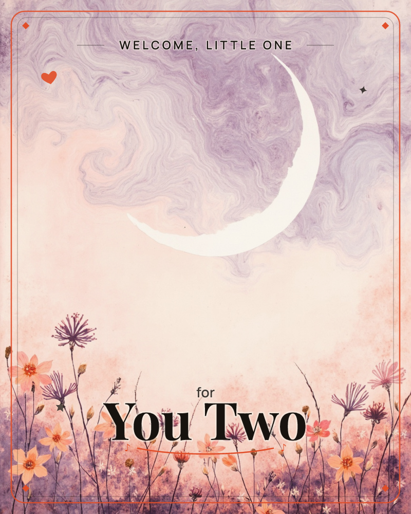 A large crescent moon glows against a sky of swirling smoky lavender and dusky pink clouds, marbled like ink spilled in water, a new baby e-card design