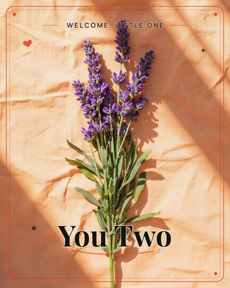 A small bundle of lavender stems lies flat against a wrinkled peach linen background, its purple flower spikes and grey-green leaves catching strong…, a new baby e-card design
