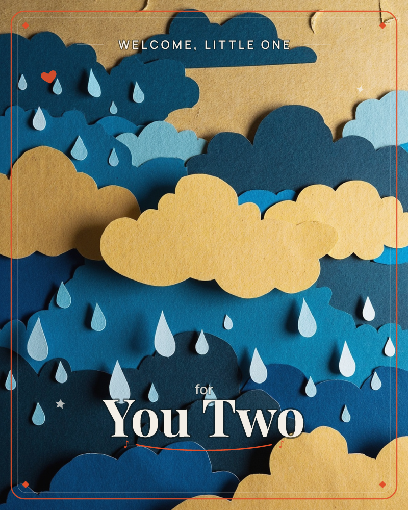 Layered paper cutouts form a stormy sky, with deep navy and teal clouds stacked behind warm mustard-yellow ones, all lit from above to cast soft shadows, a new baby e-card design