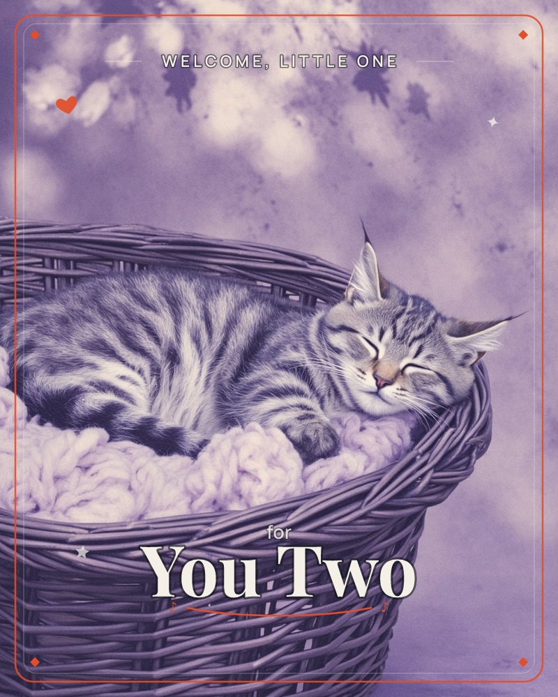A tabby cat curls up asleep in a woven wicker basket lined with a soft knitted blanket, its striped fur rendered in cool grey-lilac tones, a new baby e-card design