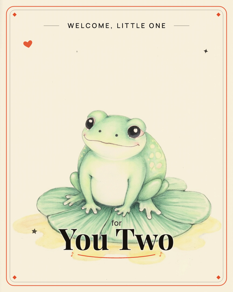 A round-bellied green frog sits cross-legged on a lily pad, smiling gently at the viewer with its hands resting on its knees, a new baby e-card design