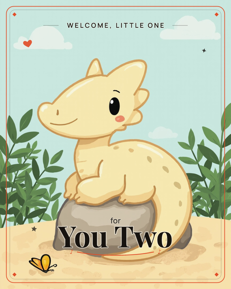 A pale yellow dragon-like creature with a curled tail and speckled back rests draped over a grey rock in a sandy clearing, a new baby e-card design