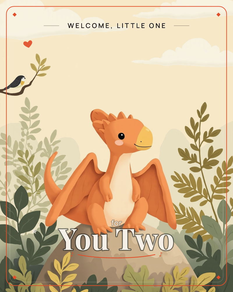 A small orange pterodactyl-like creature perches on a rounded boulder, wings tucked and belly rosy-cheeked, smiling out at the viewer, a new baby e-card design