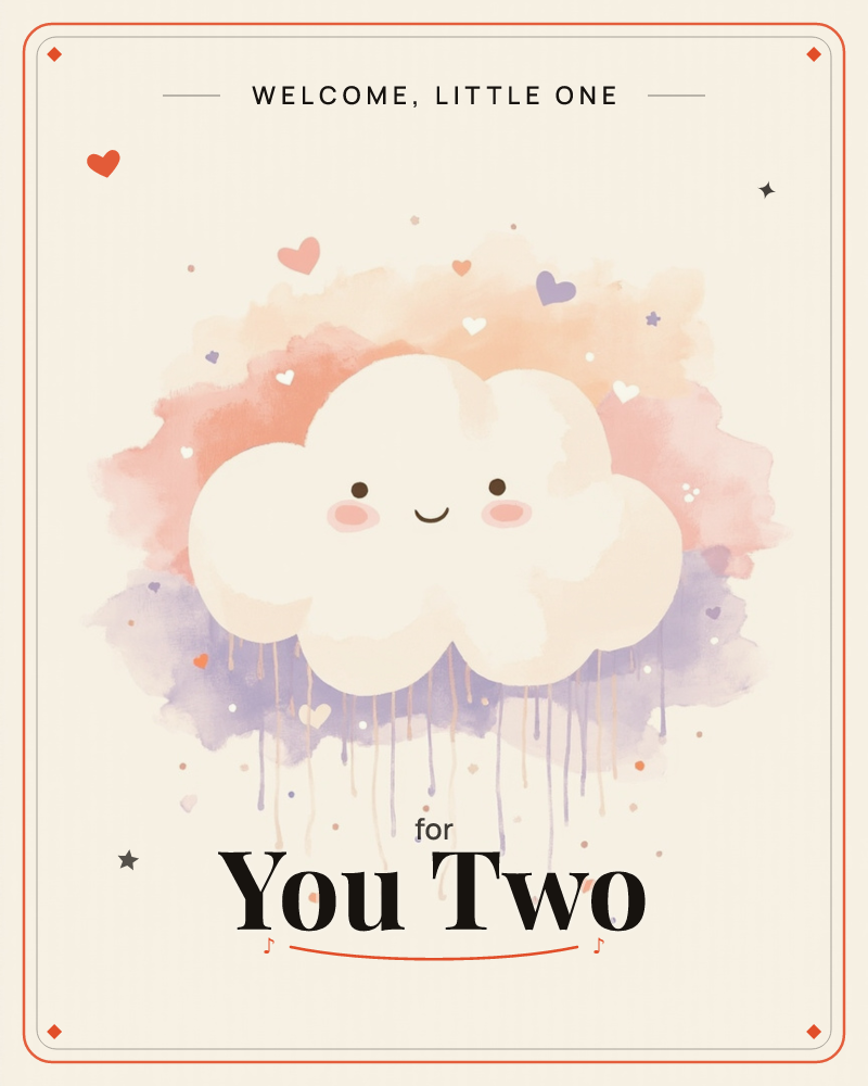 A smiling cartoon cloud with rosy cheeks floats against a soft watercolor bloom of peach and lavender, with gentle rain streaks trailing beneath it and…, a new baby e-card design