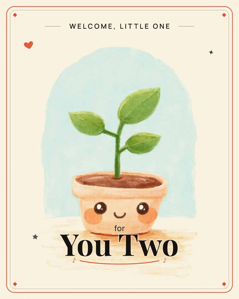 A terracotta plant pot with a happy painted face, rosy cheeks and a soft smile, sits on a sandy tabletop, a little green seedling sprouting from its…, a new baby e-card design