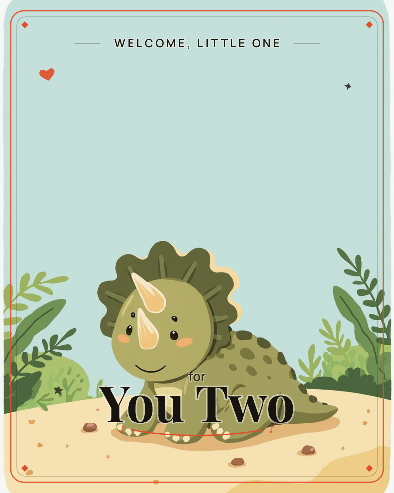 A cheerful cartoon triceratops sits low on a sandy patch, its speckled green body dotted with darker spots and a cream-colored frilled head crowned…, a new baby e-card design