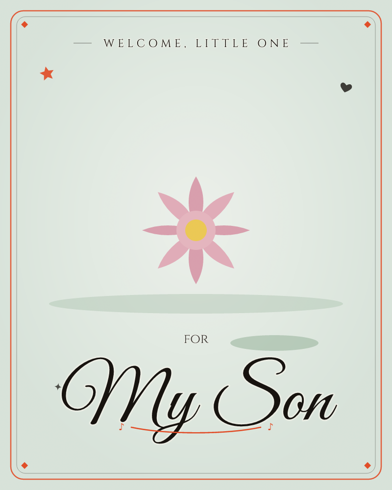 A single stylised flower with eight pink petals and a yellow centre floats alone against a soft, hazy grey-green background, casting two simple…, a new baby e-card design by @DittyCityTeam