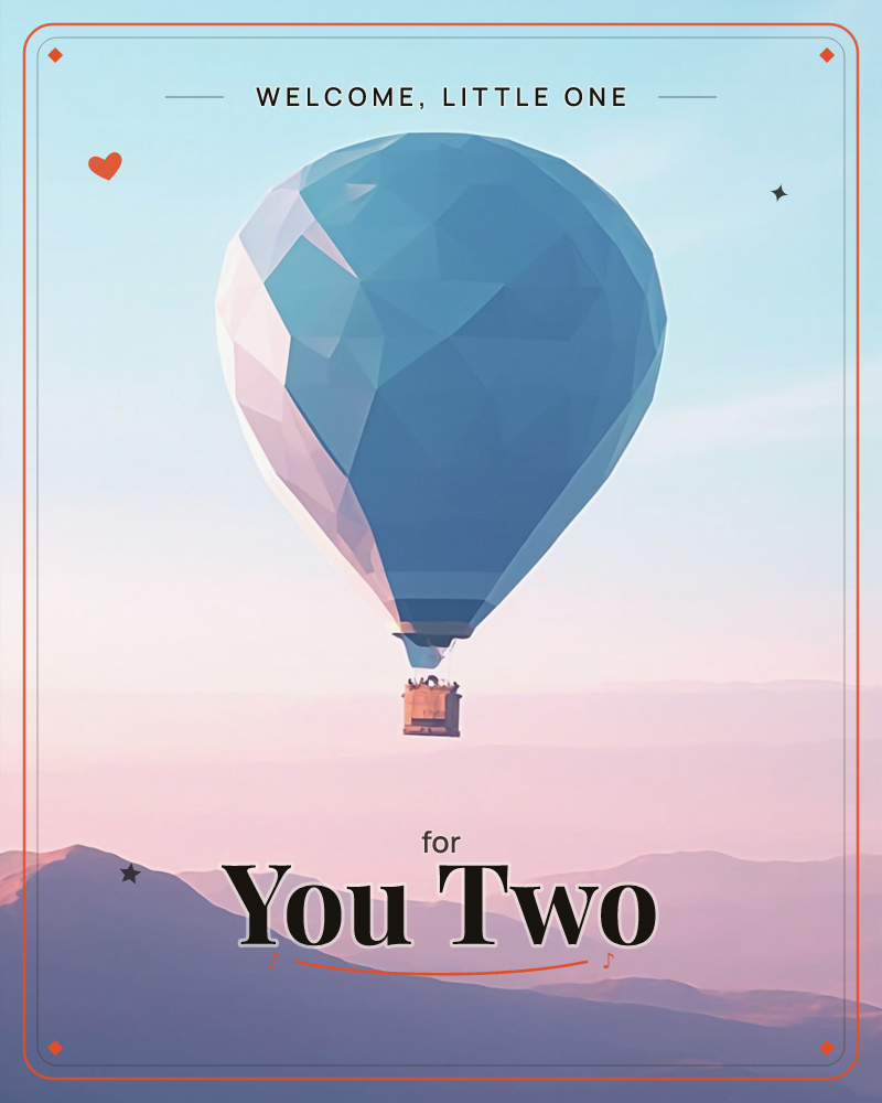 A low-poly hot air balloon in faceted blue and white drifts high above a soft mountain silhouette, its basket small against the vast sky, a new baby e-card design