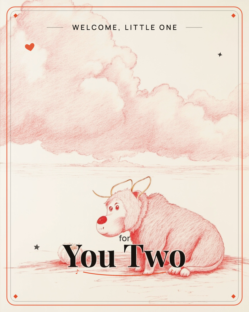 A shaggy horned creature with a round red nose sits alone on a bare shoreline, eyeing a small pale gourd beside it, while an enormous puffy cloud fills…, a new baby e-card design