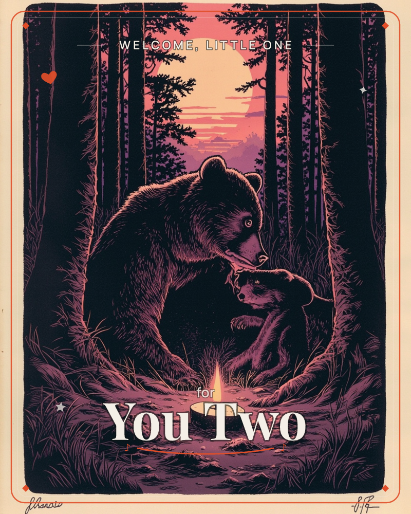 A mother bear leans down to nuzzle her cub in a silhouetted pine forest, the pair curled together beside a small glowing candle, a new baby e-card design