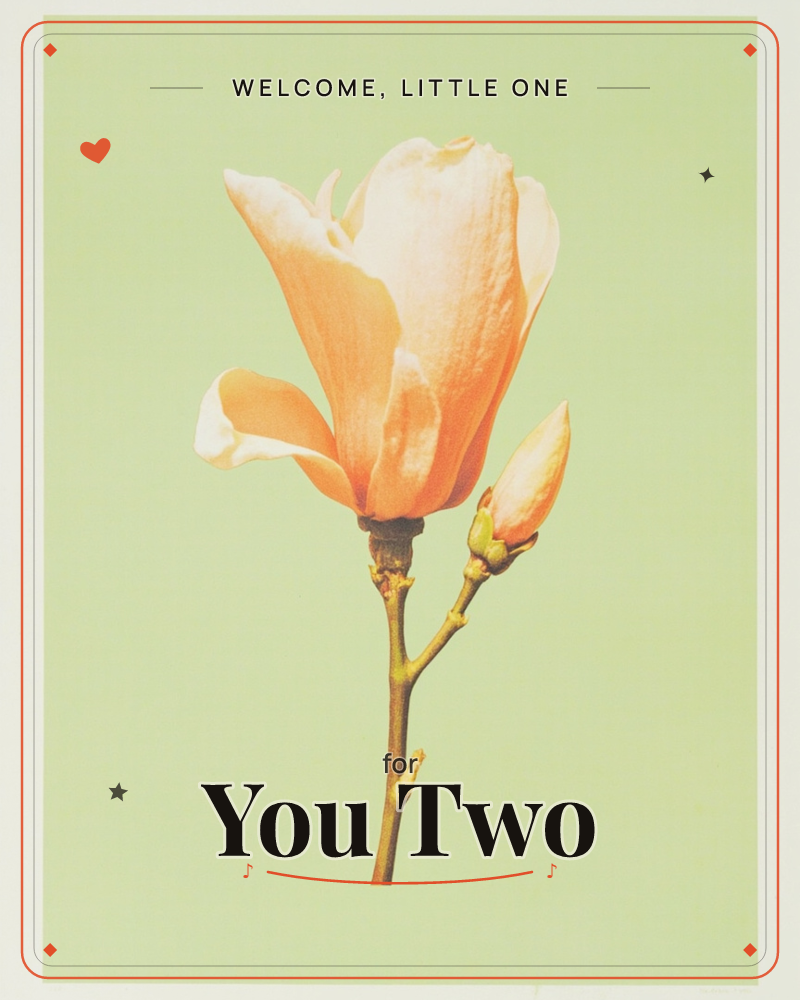 A single magnolia bloom in soft peach and cream sits on a slender branch against a flat sage-green background, its petals fully open beside a smaller…, a new baby e-card design