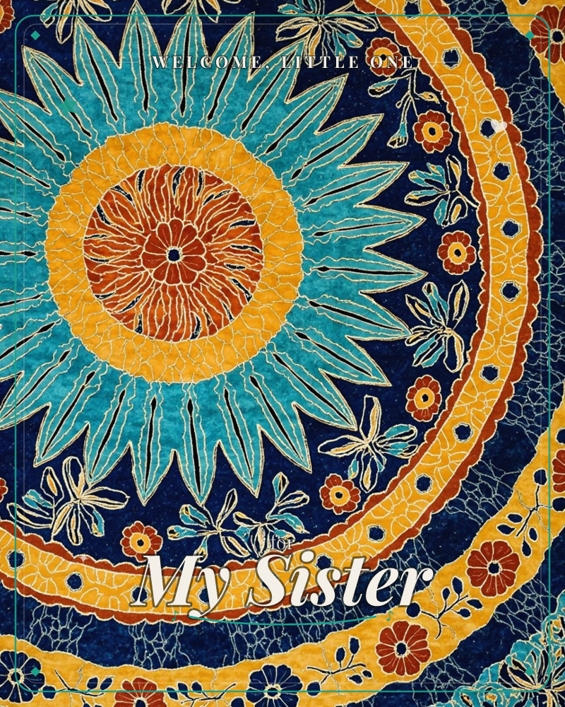 A close-up of a large mandala-style textile or painted design, no people present, a new baby e-card design