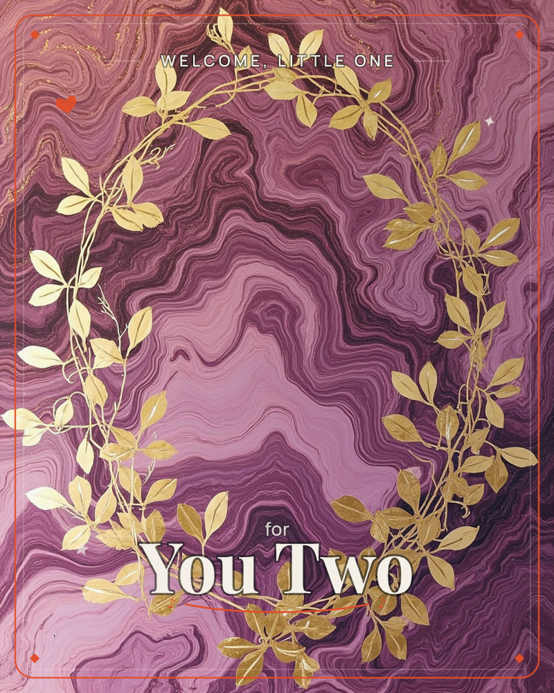 A gold leafy vine curves into a loose wreath shape across a swirling marbled background of deep plum, violet and dusty pink, a new baby e-card design