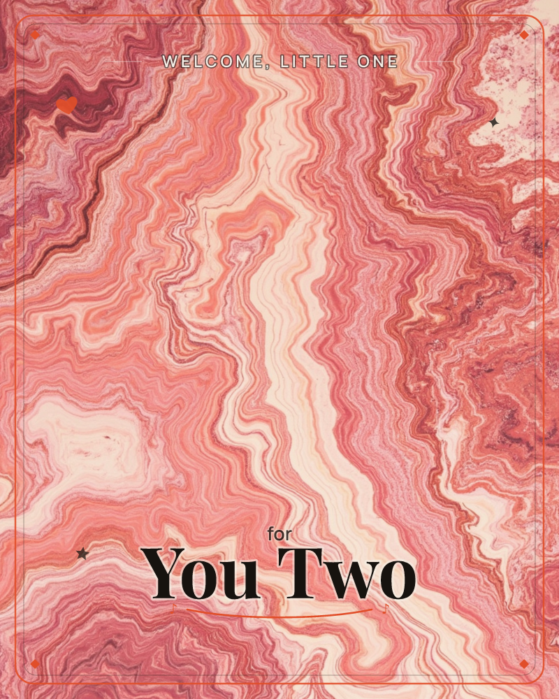 This card shows a marbled agate-like pattern of swirling pink and coral bands, rippling outward like layers of stone or poured paint, a new baby e-card design