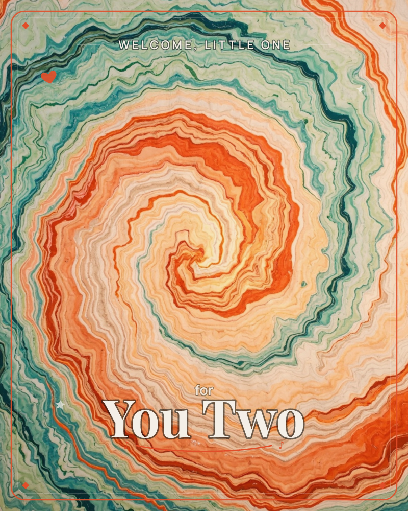 A hypnotic spiral fills the whole card, its rippled bands winding from a warm golden centre out through layers of coral, orange and teal like a slice…, a new baby e-card design