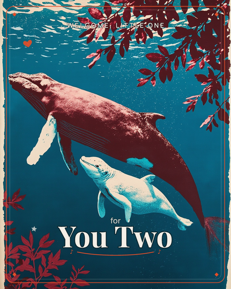 A large maroon humpback whale swims upward beside a smaller pale calf through deep teal water, sunlight rippling across the surface above, a new baby e-card design
