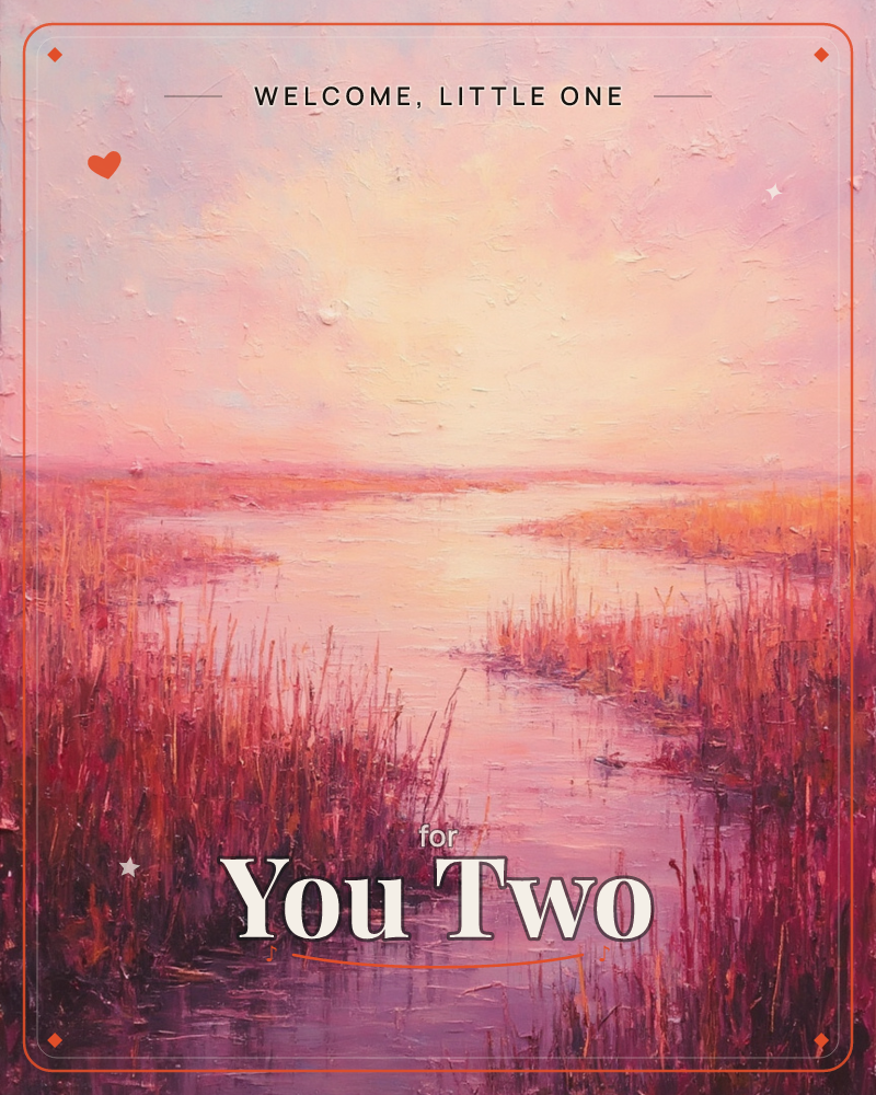 A marsh river winds toward a glowing horizon at sunrise, its still water reflecting a wash of pink and gold sky, a new baby e-card design