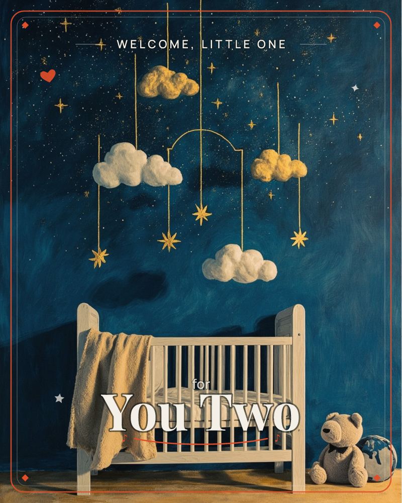 A white wooden crib stands against a deep midnight-blue wall painted like a starry sky, with a soft blanket draped over its side and a teddy bear…, a new baby e-card design