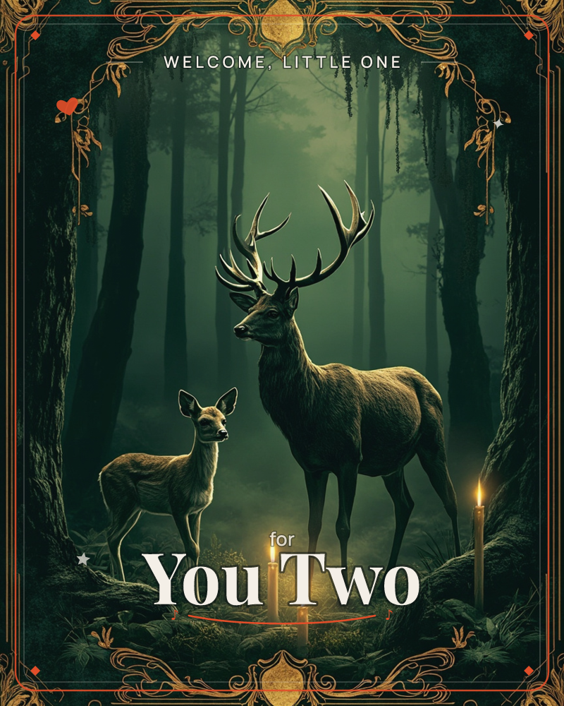 A towering antlered stag stands beside a smaller fawn in a misty, moss-draped forest, framed by an ornate gold-etched border and two flickering candles…, a new baby e-card design