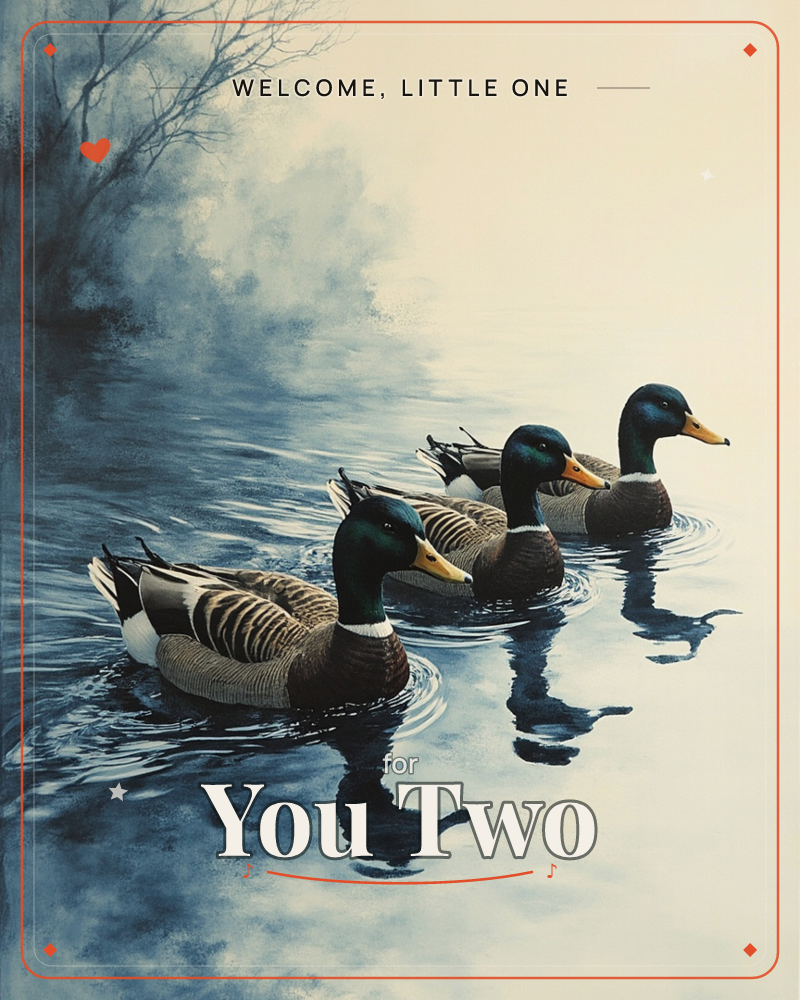 Four mallard ducks glide in a quiet line across still water, their emerald heads catching a soft misty light while bare winter branches loom faintly…, a new baby e-card design