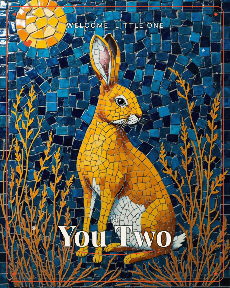 A golden hare sits upright amid tall grasses, rendered entirely in mosaic tilework against a deep blue tiled night sky with a small round moon in the…, a new baby e-card design