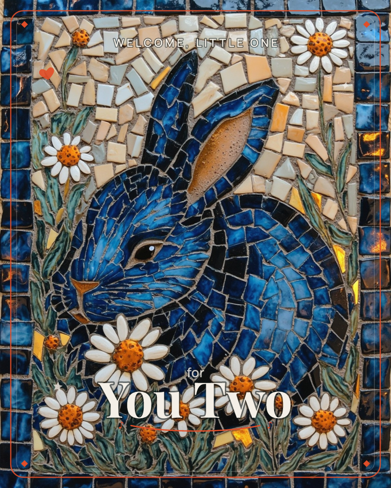 A mosaic rabbit rendered entirely in glazed ceramic tiles, its deep blue fur pieced together from countless small tesserae, sits amid white daisies…, a new baby e-card design