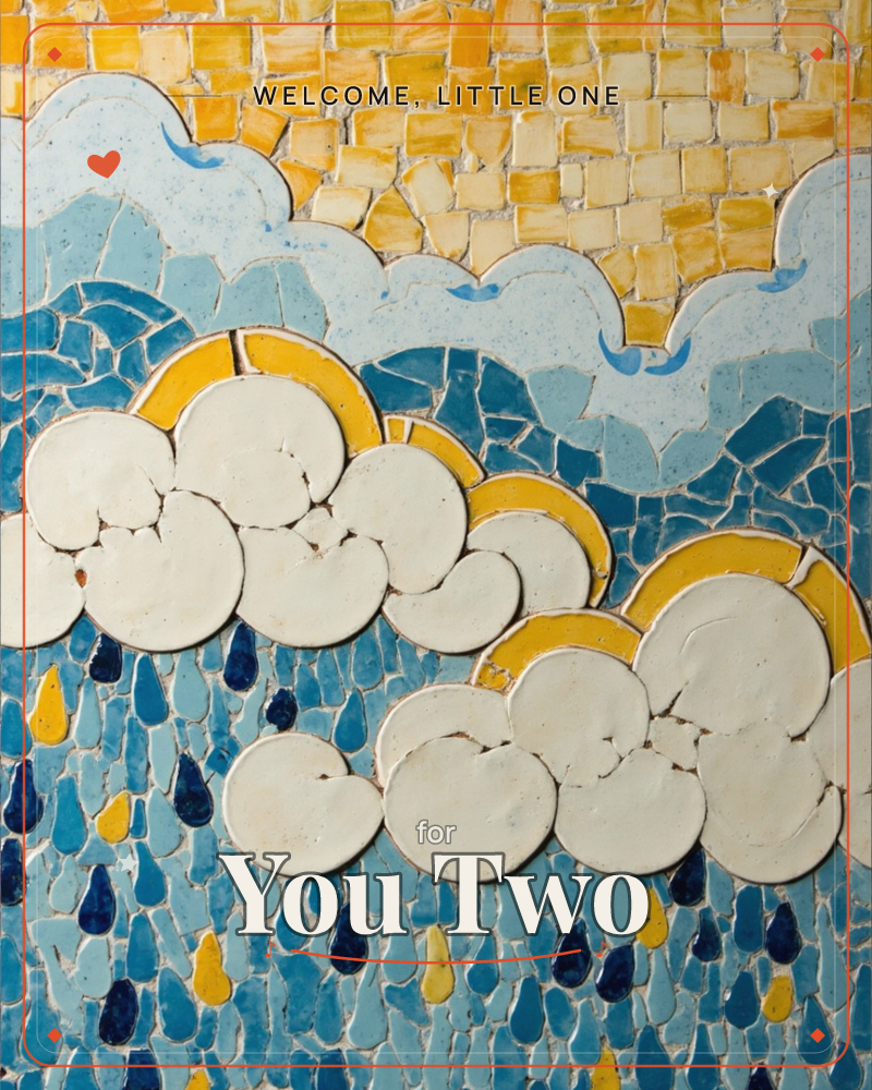 A mosaic of glazed ceramic tiles builds up layered cloud shapes with golden sunbursts peeking behind them, while rows of teardrop-shaped tiles fall…, a new baby e-card design