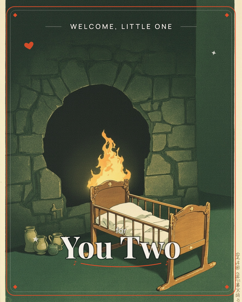 A wooden cradle with white bedding sits before a stone archway where flames burn low inside, small clay jugs lined up in the shadows nearby, a new baby e-card design