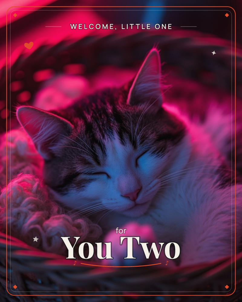 A tabby-and-white cat is curled asleep in a woven basket lined with soft yarn, its face lit by a moody wash of magenta and blue light that rims its…, a new baby e-card design