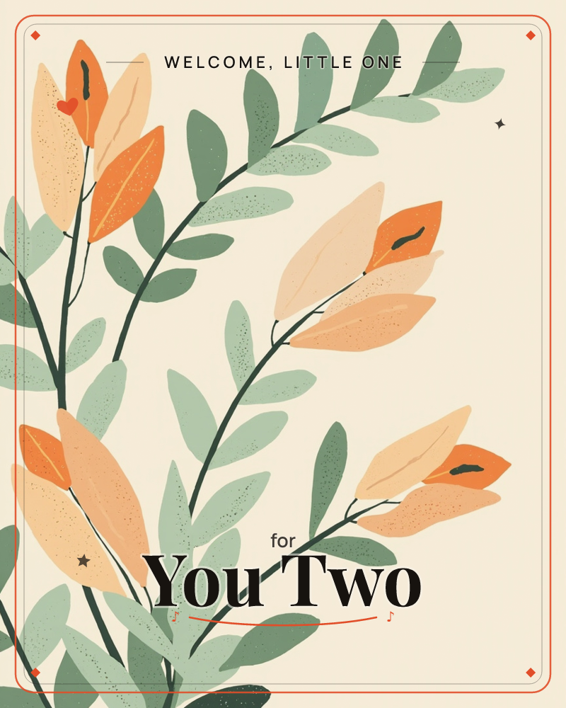 A cluster of tulip-like buds in peach and burnt orange rise on slender dark stems, surrounded by sprays of sage-green leaves, all set against a warm…, a new baby e-card design