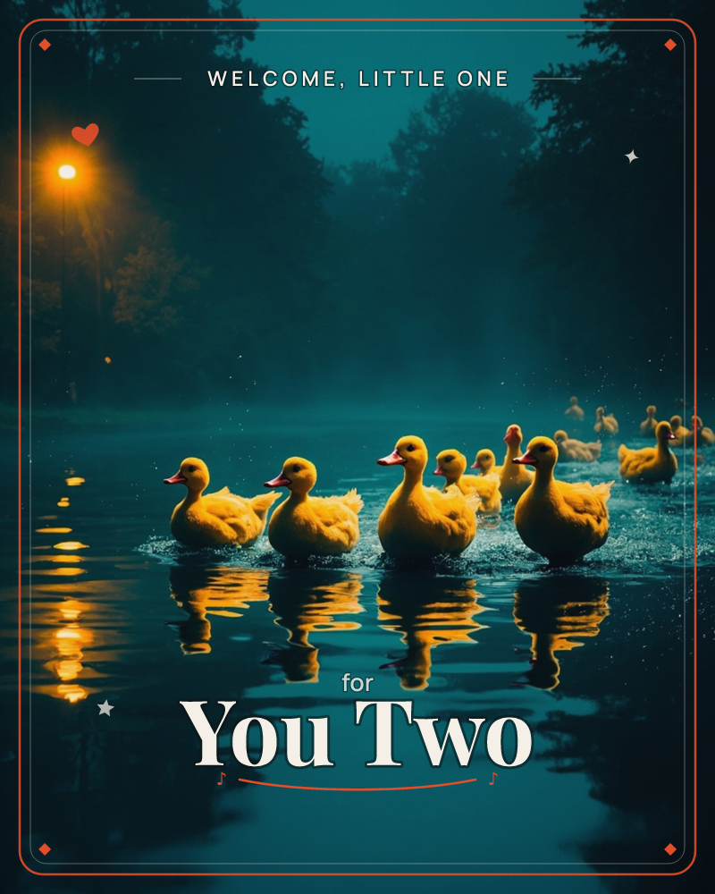 A flock of fluffy yellow ducklings paddles across a dark pond at night, trailing ripples lit gold by a lone streetlamp, a new baby e-card design