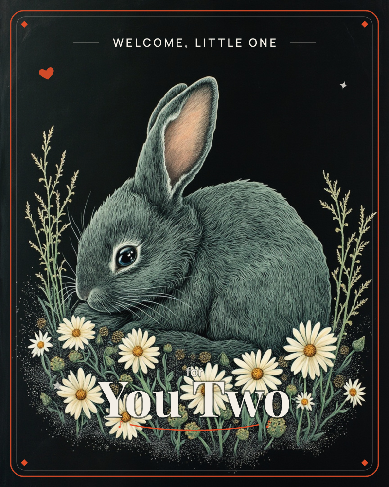 A grey-green rabbit sits curled and still against a deep black background, nestled among a ring of white daisies and slender dried grasses, a new baby e-card design