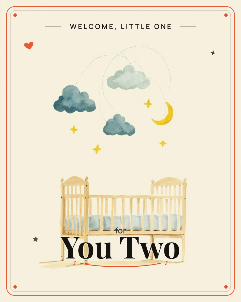 A pale wooden crib with a soft blue mattress sits beneath a floating mobile of watercolour clouds, a crescent moon and small gold stars, all against a…, a new baby e-card design